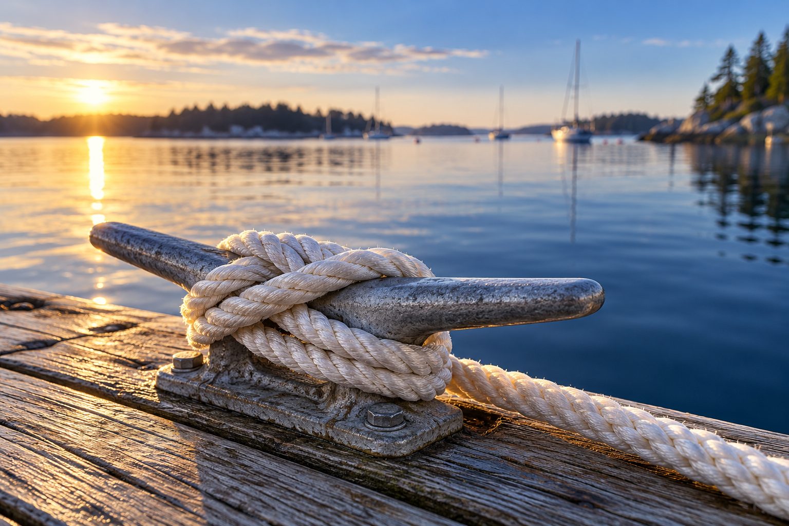 A dock line made fast to a cleat on a wooden dock, with a calm harbor at sunrise behind