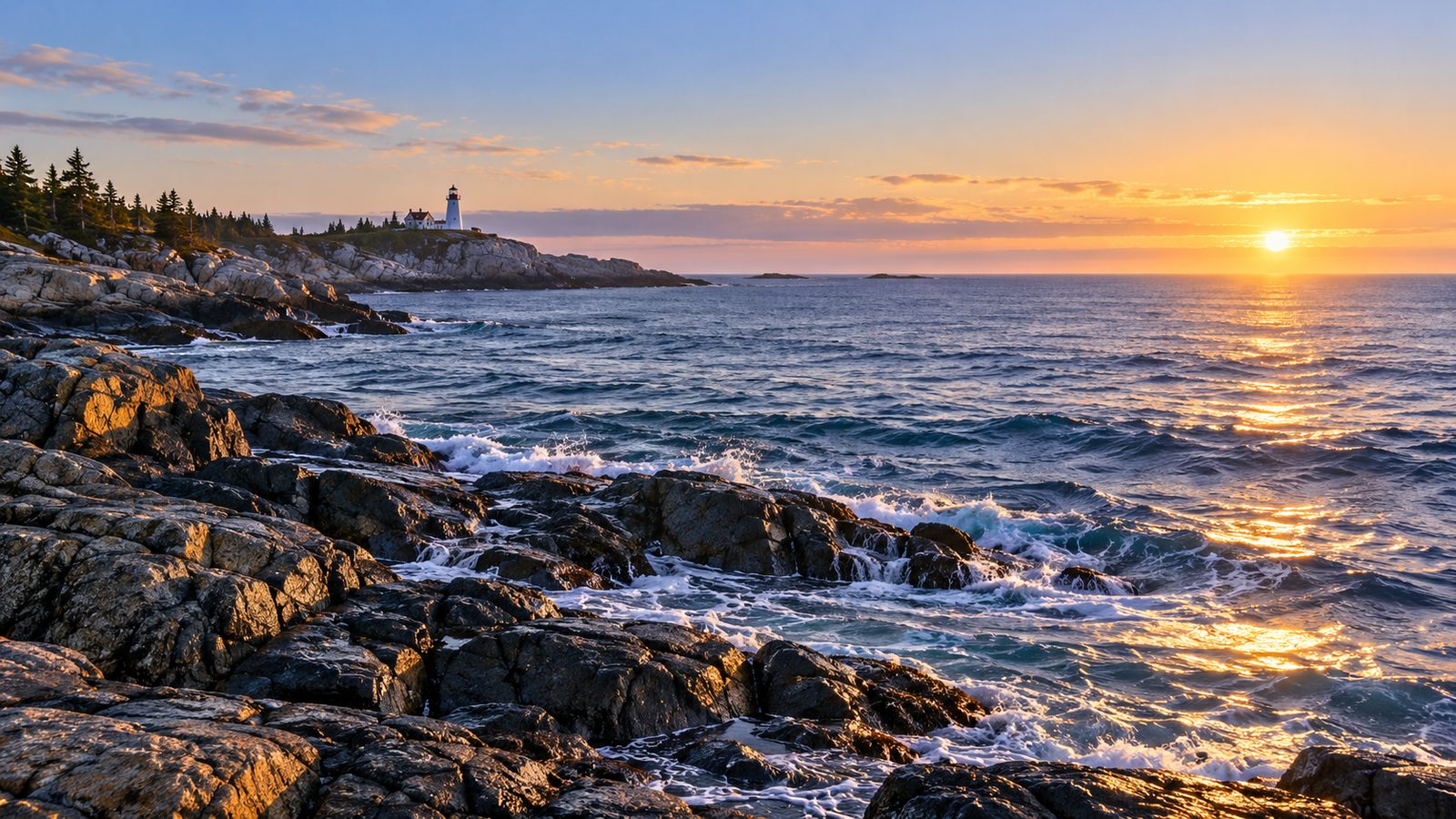 Rocky New England coastline at sunrise, with a lighthouse on the far headland
