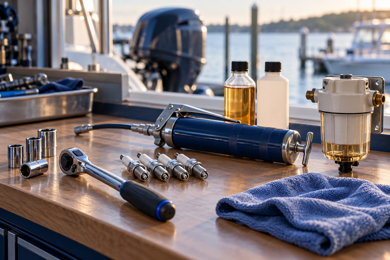 Spark plugs, a ratchet, a grease gun and a fuel water separator laid out on a workbench by the water